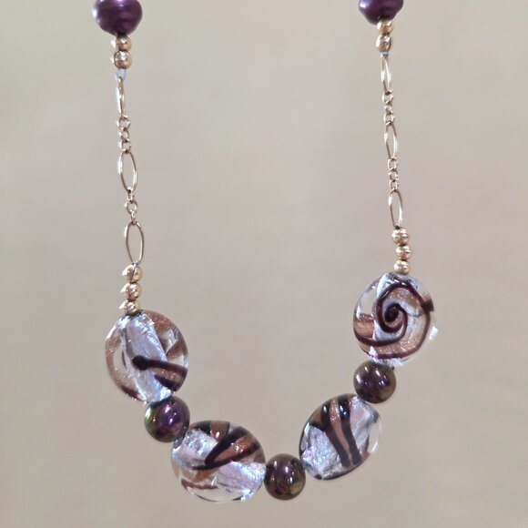Vintage Murano Peacock Crimson Glass Pearl Amethyst Cat Eye Bead 14k/20 Necklace - Picture 8 of 16